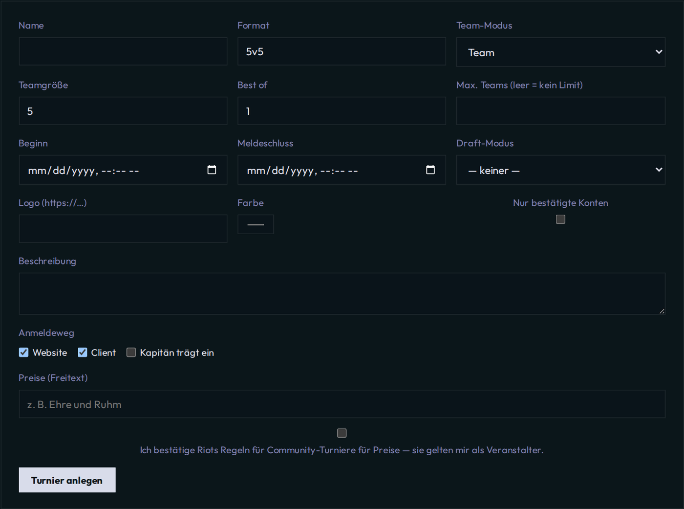 The “create tournament” form in the partner area of the website