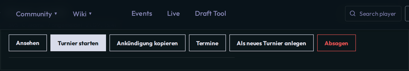 A tournament with open sign-up: start tournament, copy announcement, schedule, create as new tournament