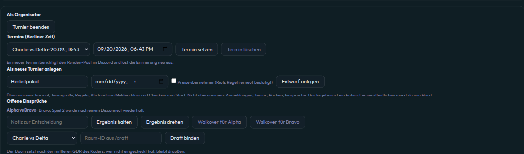 Organiser bar of a running tournament in the client: schedule, bind draft and open disputes