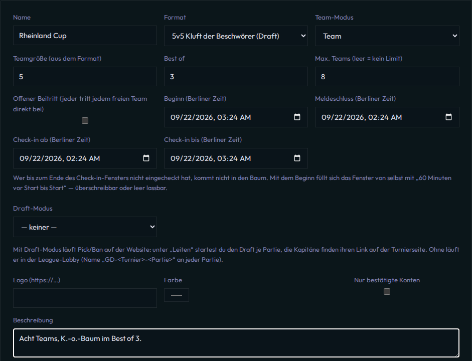 Formular „Turnier anlegen“ · the create-tournament form