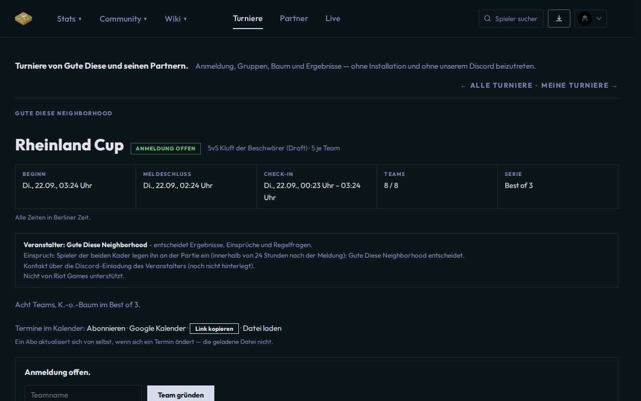 Turnierseite mit offener Anmeldung · tournament page with open sign-up