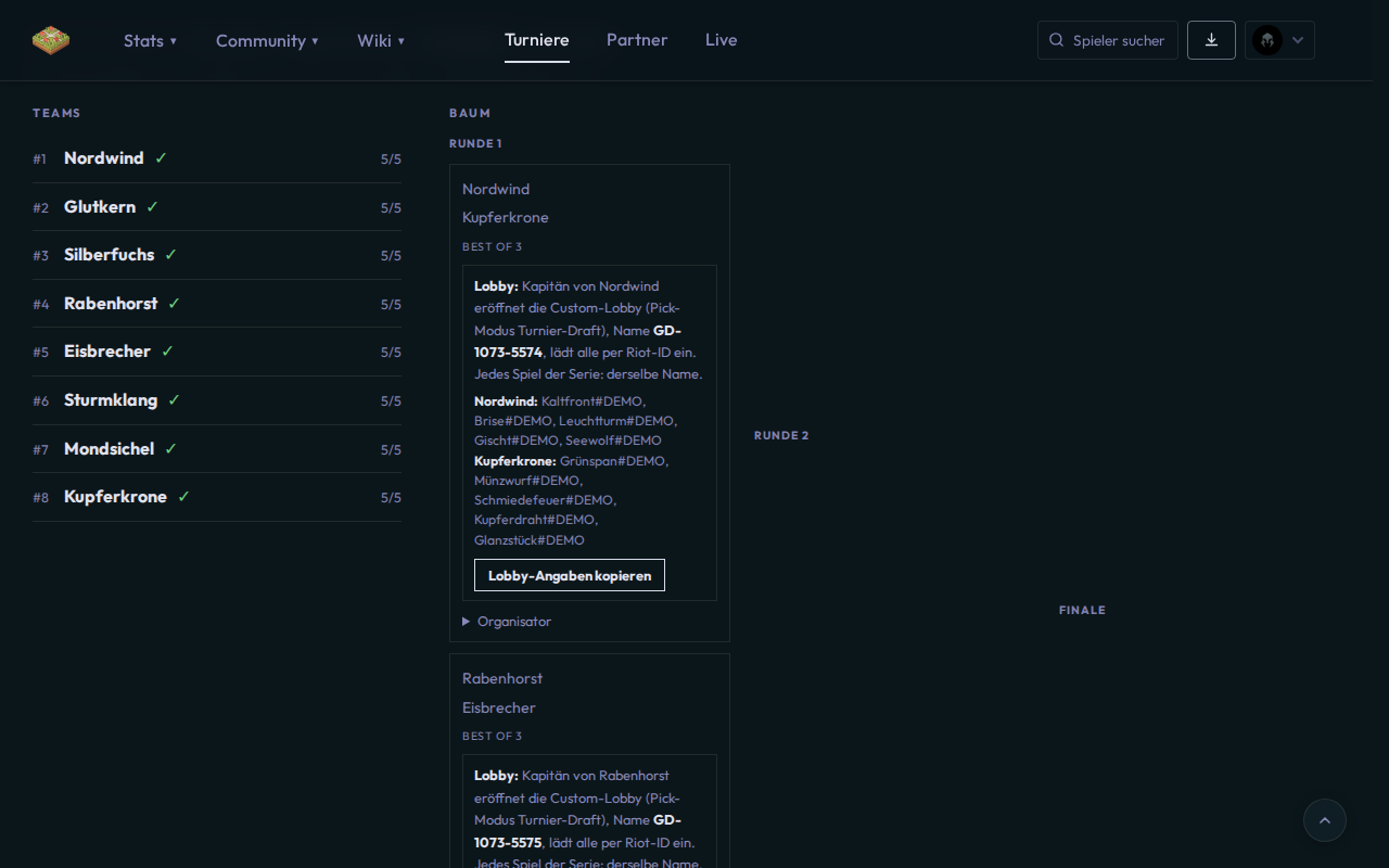 Teams mit Check-in und Baum · checked-in teams and bracket
